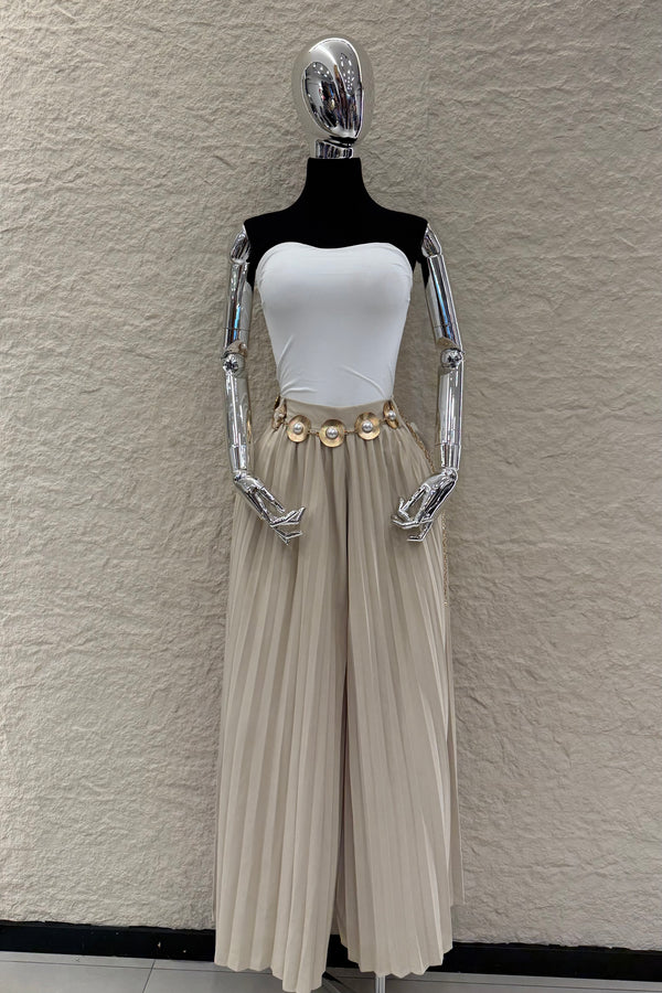 Pantalon Plisado Cinto Beige