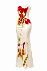 Vestido Largo Satinado Floral Beige