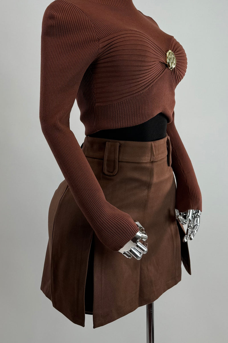 Short Falda Velvet Plisada Cafe