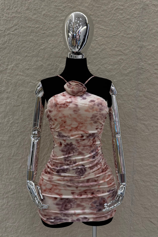 Vestido Corrugado App de Flor Rosa