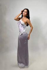 Vestido Halter Satinado Encaje Lavanda