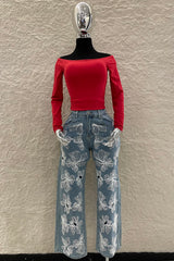 Pantalon Estampado de Flores Denim
