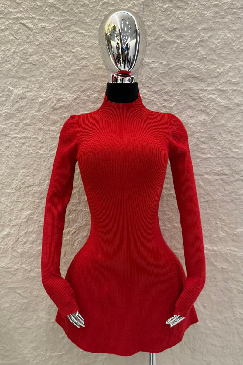 Vestido Manga Larga Tela Sweater Rojo
