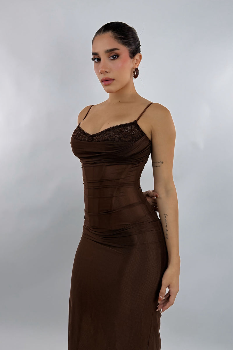 Vestido Corset Mesh Cafe