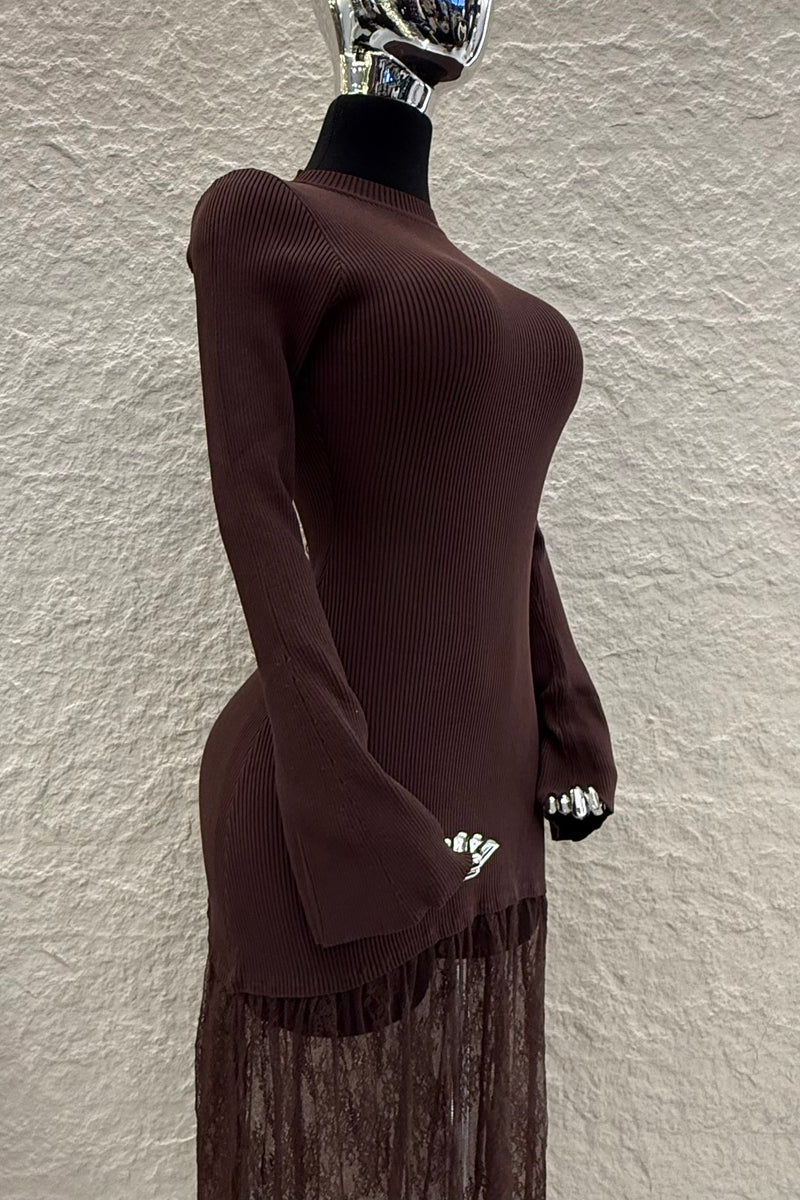 Vestido Tela Punto con Encaje Cafe