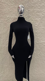 Vestido Midi Manga Larga Tela Punto Negro