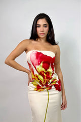 Vestido Largo Satinado Floral Beige