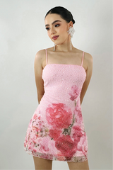 Vestido Perlitas Corto Print Flores Rosa