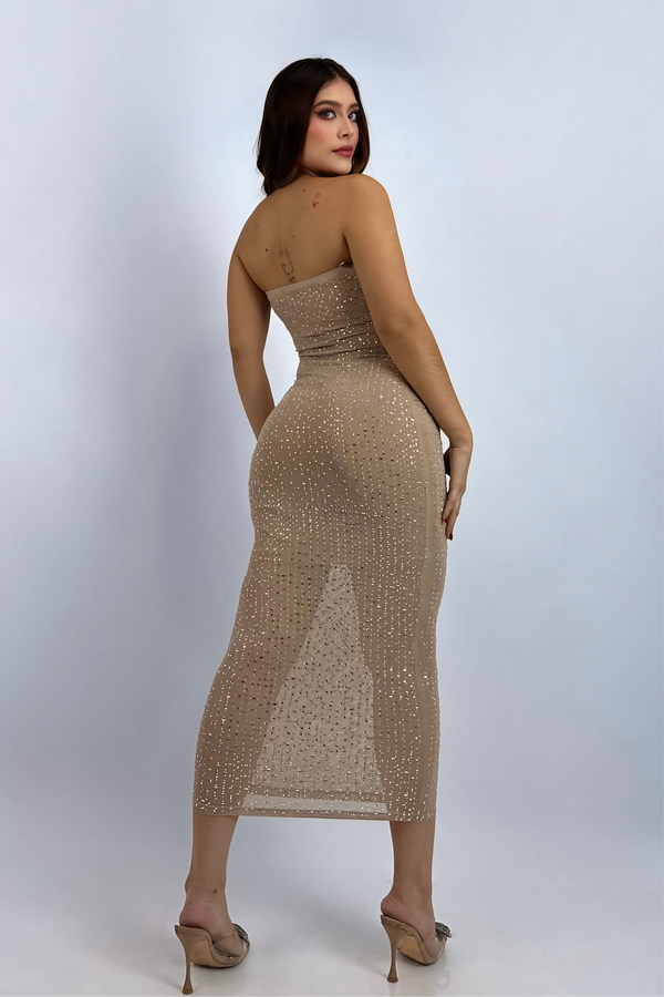 Vestido Midi Mesh Rhinestone Beige