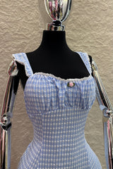 Vestido Gingham Encaje Azul
