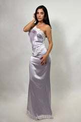 Vestido Halter Satinado Encaje Lavanda
