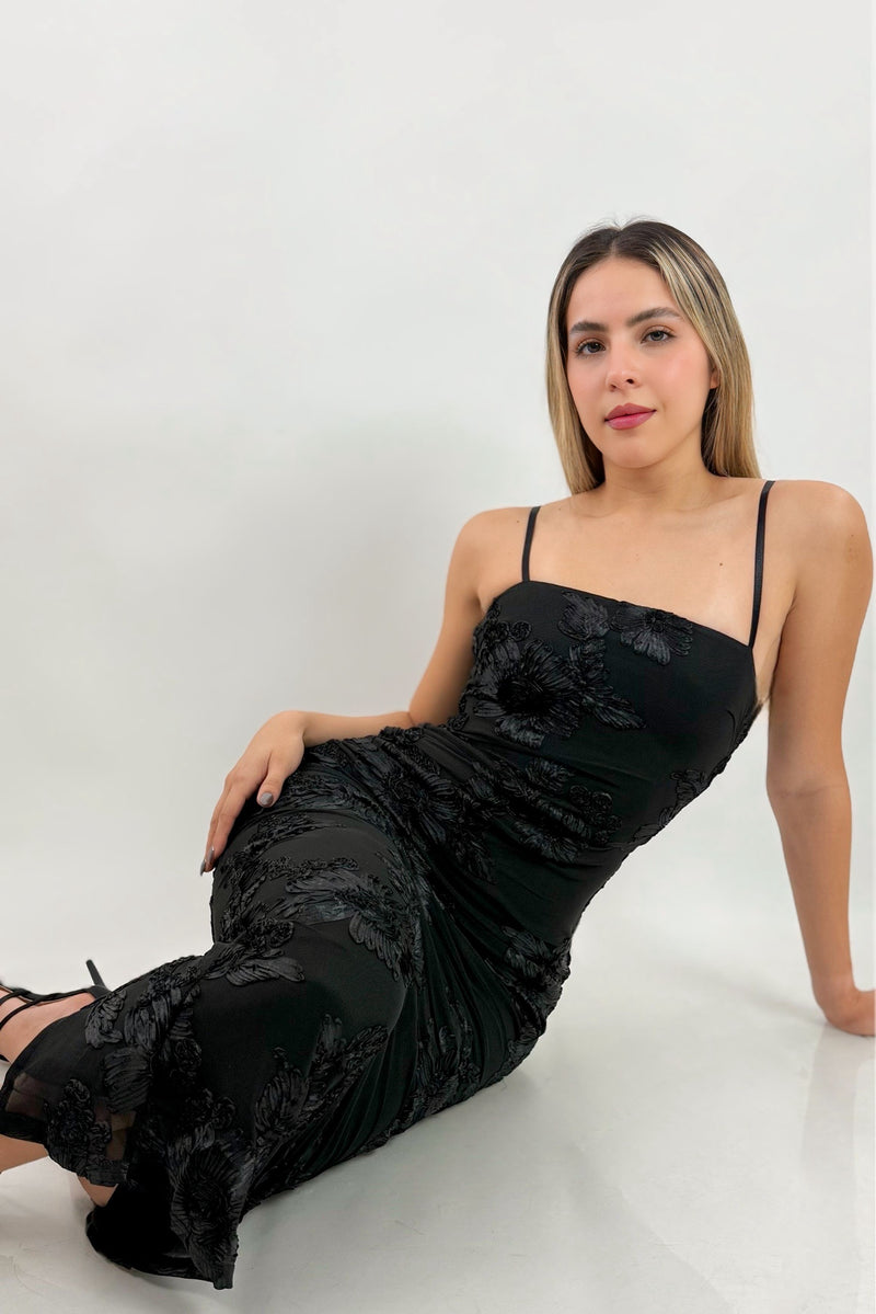Vestido Midi Floreado Negro