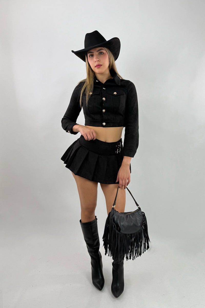 Falda Corta App de Bolsas Velvet Negro