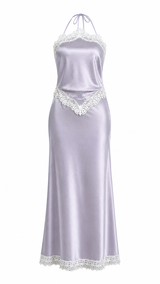 Vestido Halter Satinado Encaje Lavanda