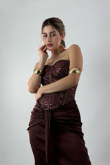 Vestido Brillos Corset largo Cafe