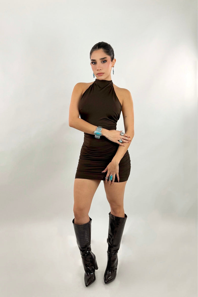 Vestido Halter Corrugado Cafe