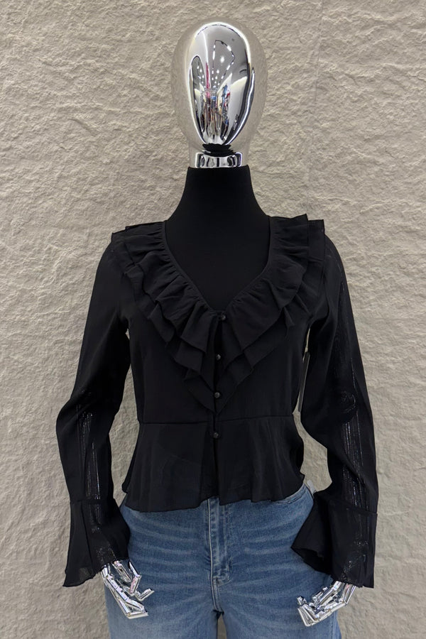 Blusa Manga Larga Olanes Negra