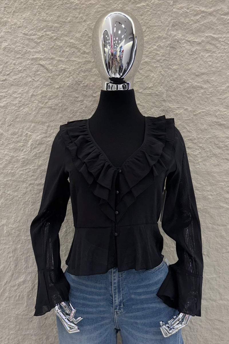 Blusa Manga Larga Olanes Negra