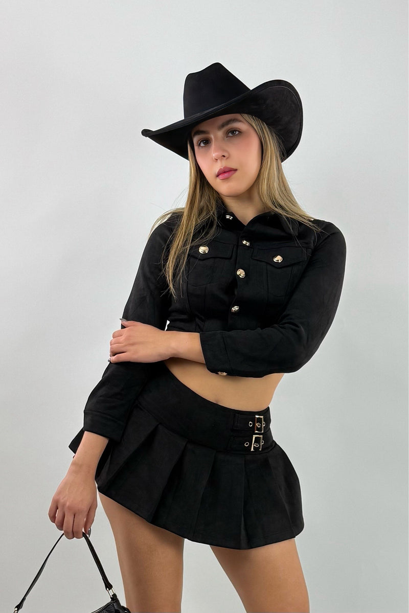 Falda Corta App de Bolsas Velvet Negro