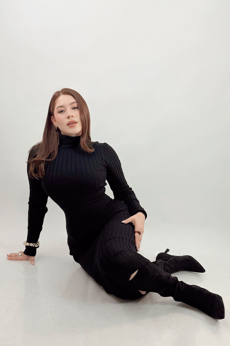 Vestido Midi Tela Punto Manga Larga Negro