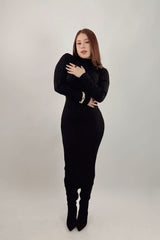 Vestido Midi Tela Punto Manga Larga Negro