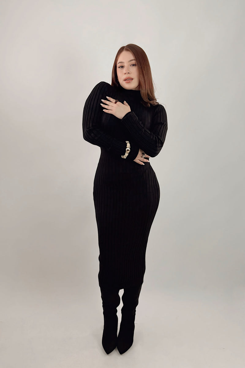 Vestido Midi Tela Punto Manga Larga Negro