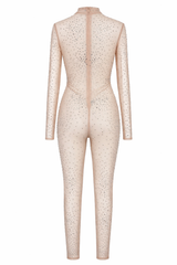 Romper De Pantalon Transperencia Con Pedreria Beige
