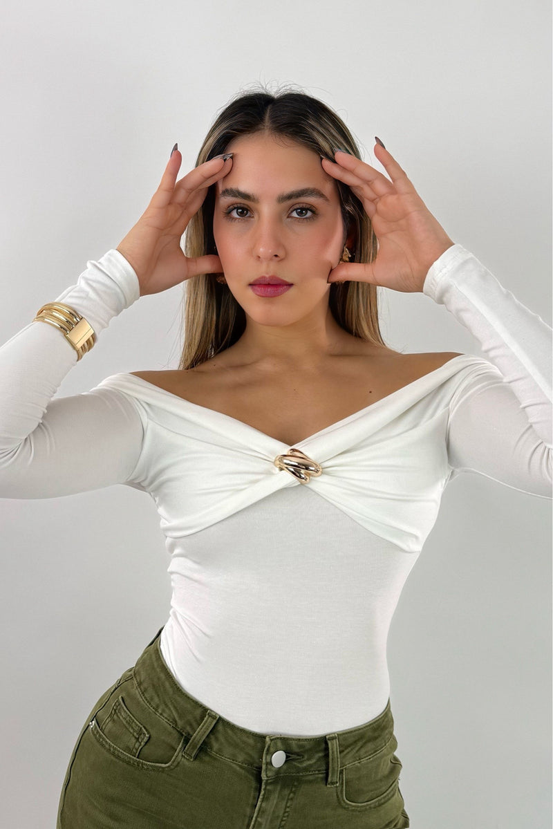 Blusa Brillosa App Dorada Blanco