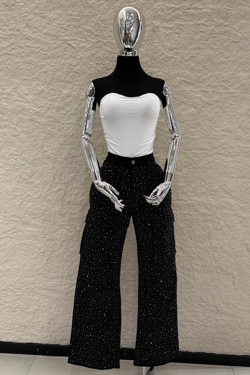 Pantalon Cargo Rhinestone Negro