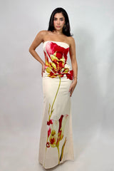 Vestido Largo Satinado Floral Beige