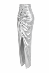 Falda Midi Metalica Con Abertura Plata