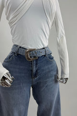 Pantalon con Cinto Rhinestone Denim