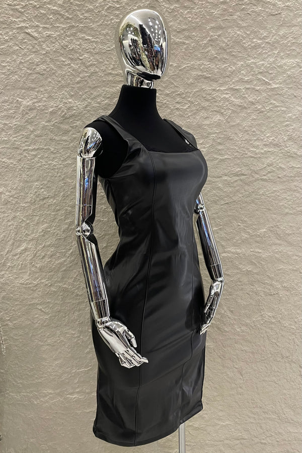 Vestido Midi Vinipiel con Encaje Negro