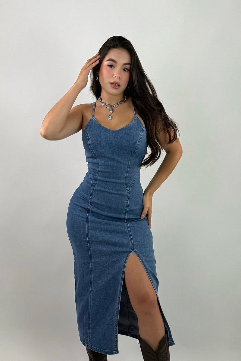 Vestido Midi Con Abertura Denim