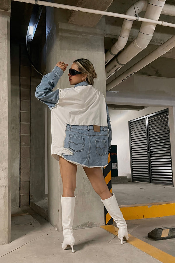 Camisa Oversize con App Denim Blanca