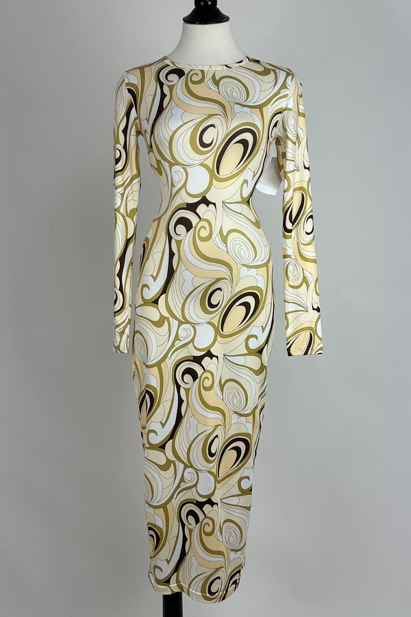 Vestido Midi Print Amarillo Con Cafe