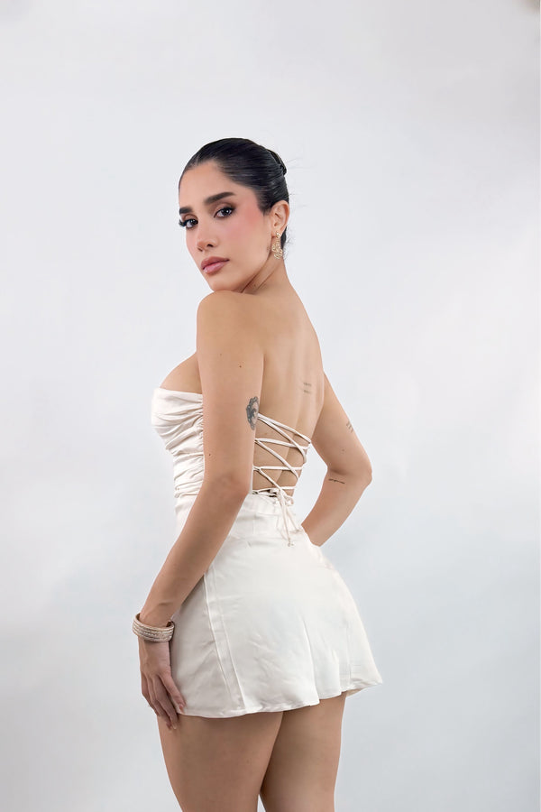 Vestido Strapless Satinado Beige