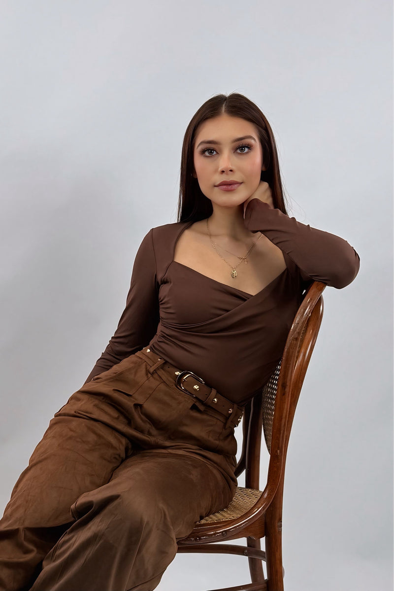 Blusa Manga Larga Ruched Cafe