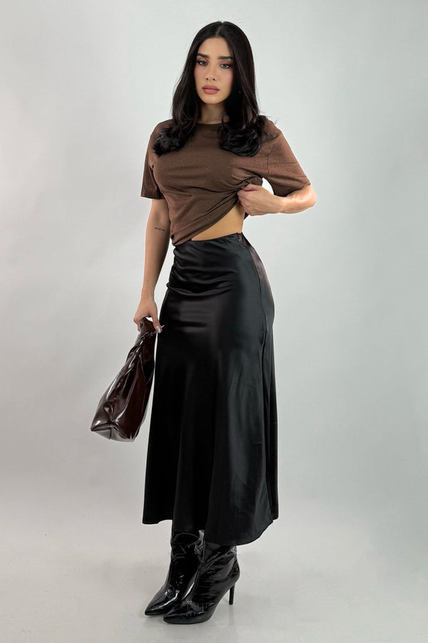 Falda Midi Satinada Negra