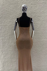 Vestido Rhinestone Escote Corrugado Camel