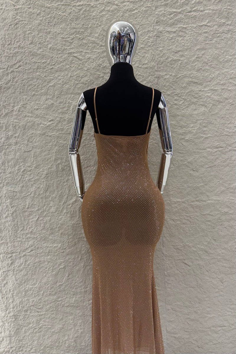 Vestido Rhinestone Escote Corrugado Camel