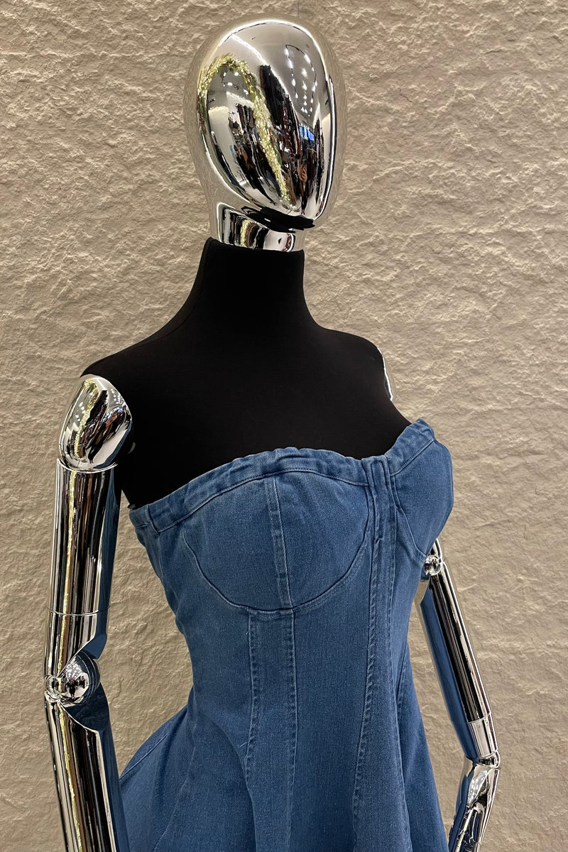 Vestido Strapless Volado Denim