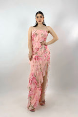 Vestido Largo Olanes Floreado Rosa