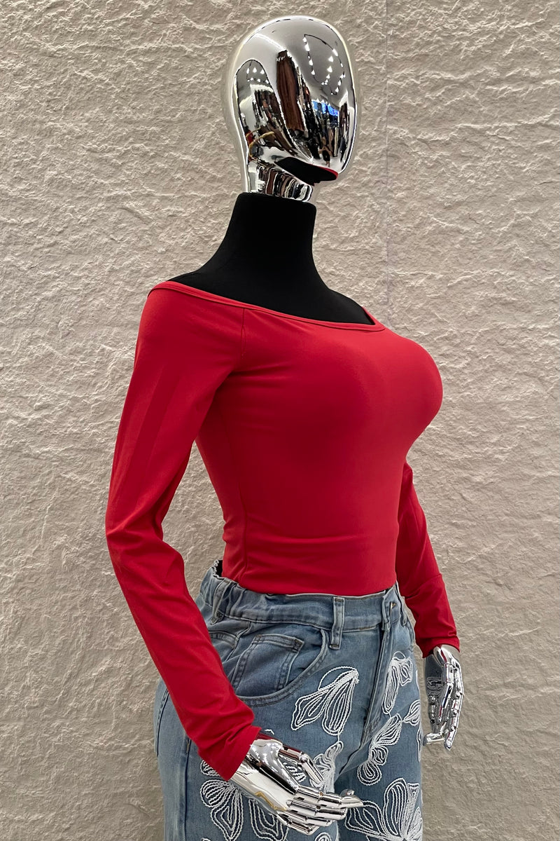 Top Off Shoulder Manga Larga Rojo