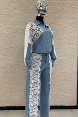 Pantalon Denim Con Encaje Blanco