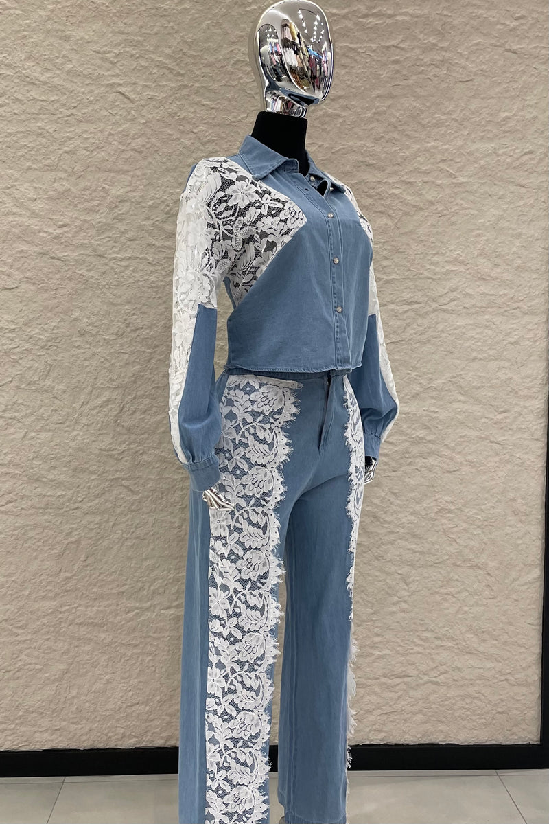 Pantalon Denim Con Encaje Blanco