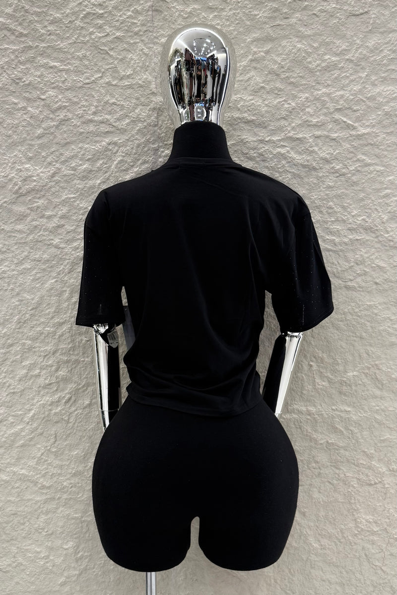 Crop Tshirt Rhinestone Negra