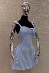 Vestido Gingham Encaje Azul