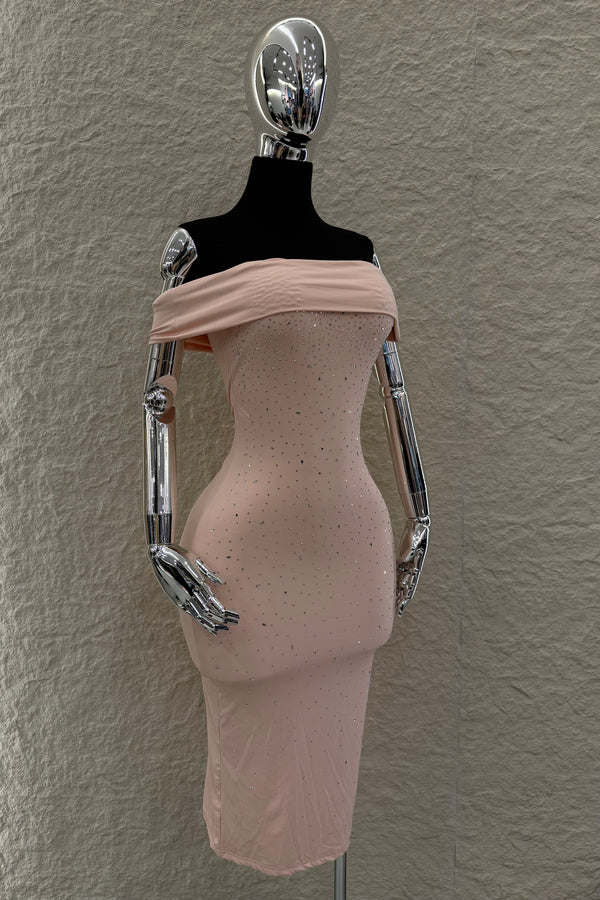 Vestido Off Shoulder Rhinestone Rosa
