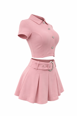 Set Top de Botones y Falda con Hebilla Rosa